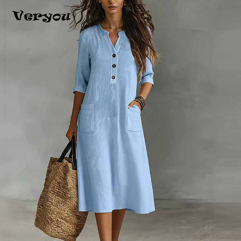 Boho Summer Beach Maxi Dress - Vestido midi informal de algodón y